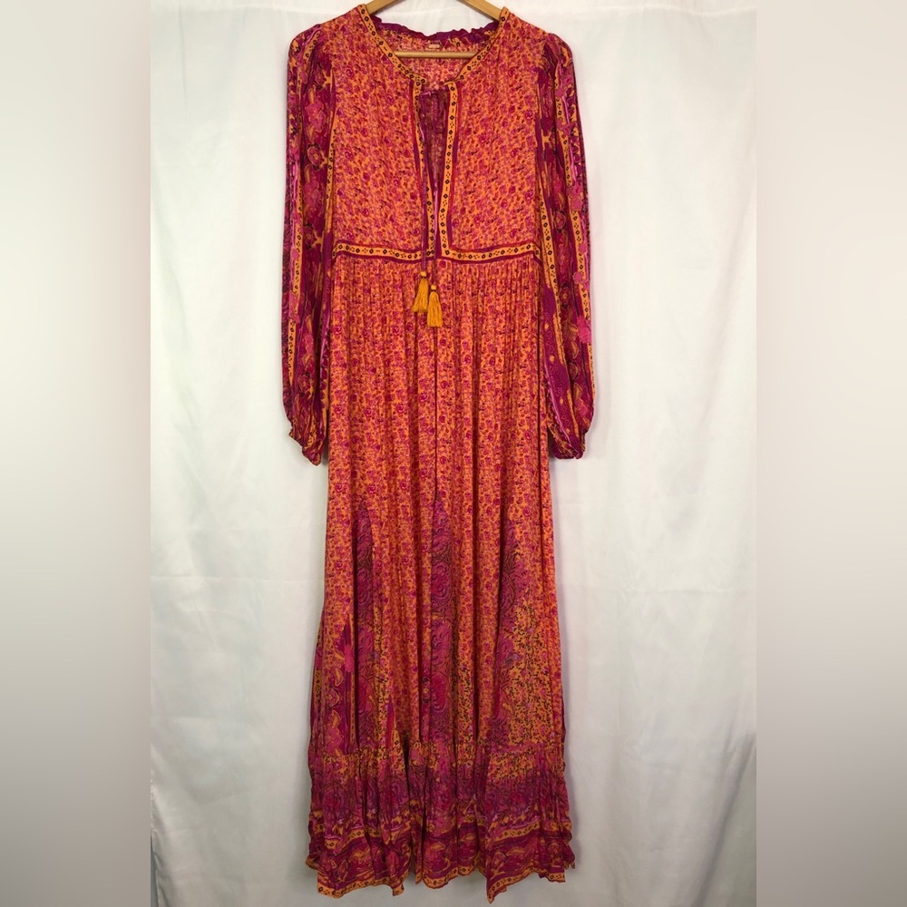 FREE PEOPLE  Happy Feeling Maxi Vibrant Pink & Orange Long Sleeve Dress Size S - Picture 7 of 16